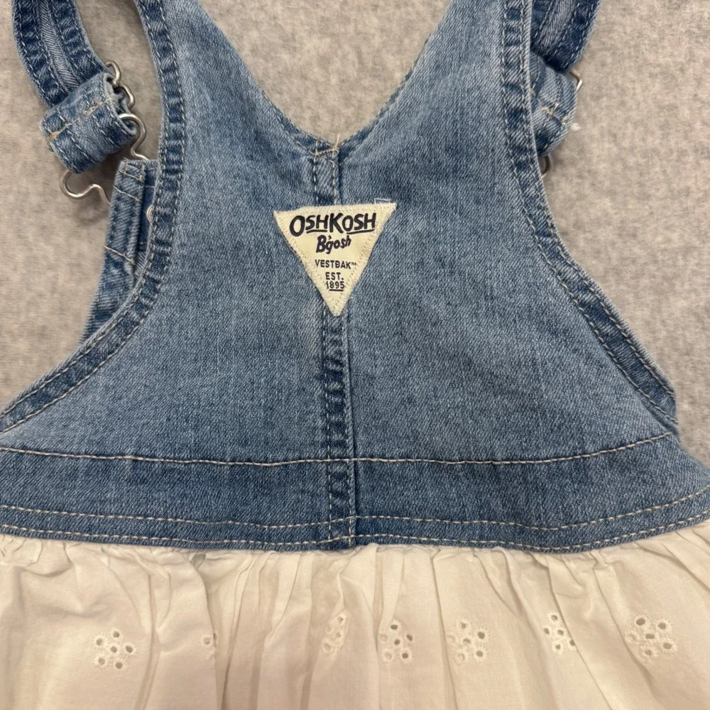 OshKosh B'gosh Toddler Girls 2T Denim Eyelet Lace Overall Jumper Dress White